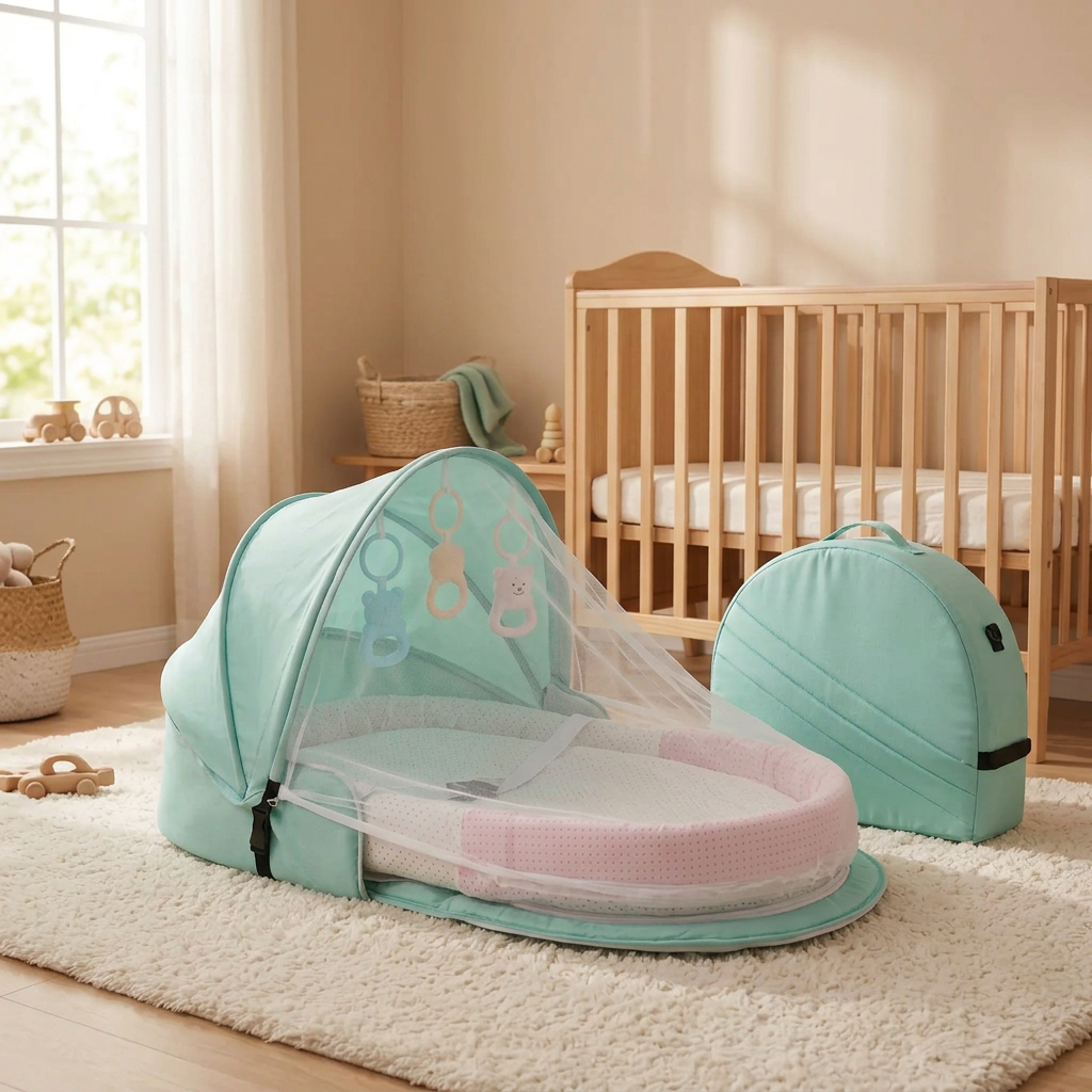 Moustiquaire lit bébé menthe présentée de profil dans une chambre bébé