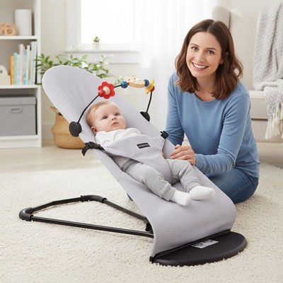Balancelle bebe transat gris avec bébé allongé