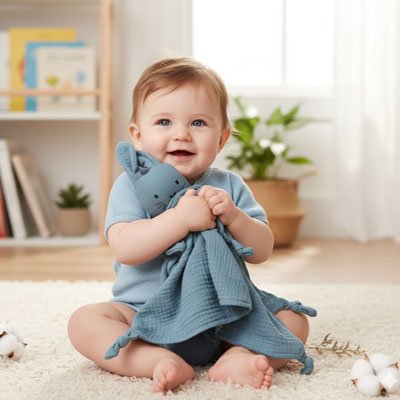 bébé avec doudou lapin bleu
