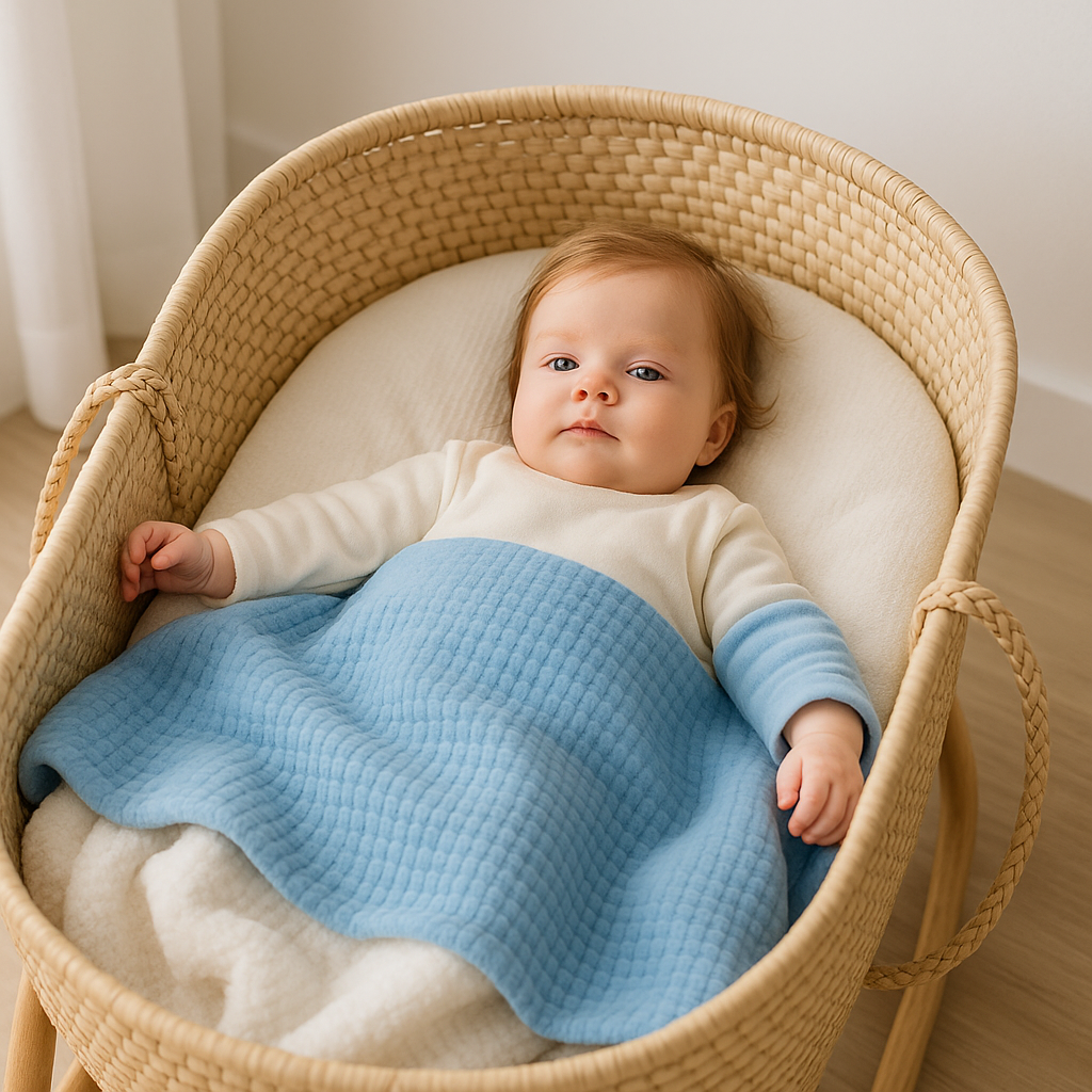 Bébé allongé dans un couffin avec couverture bébé bleue