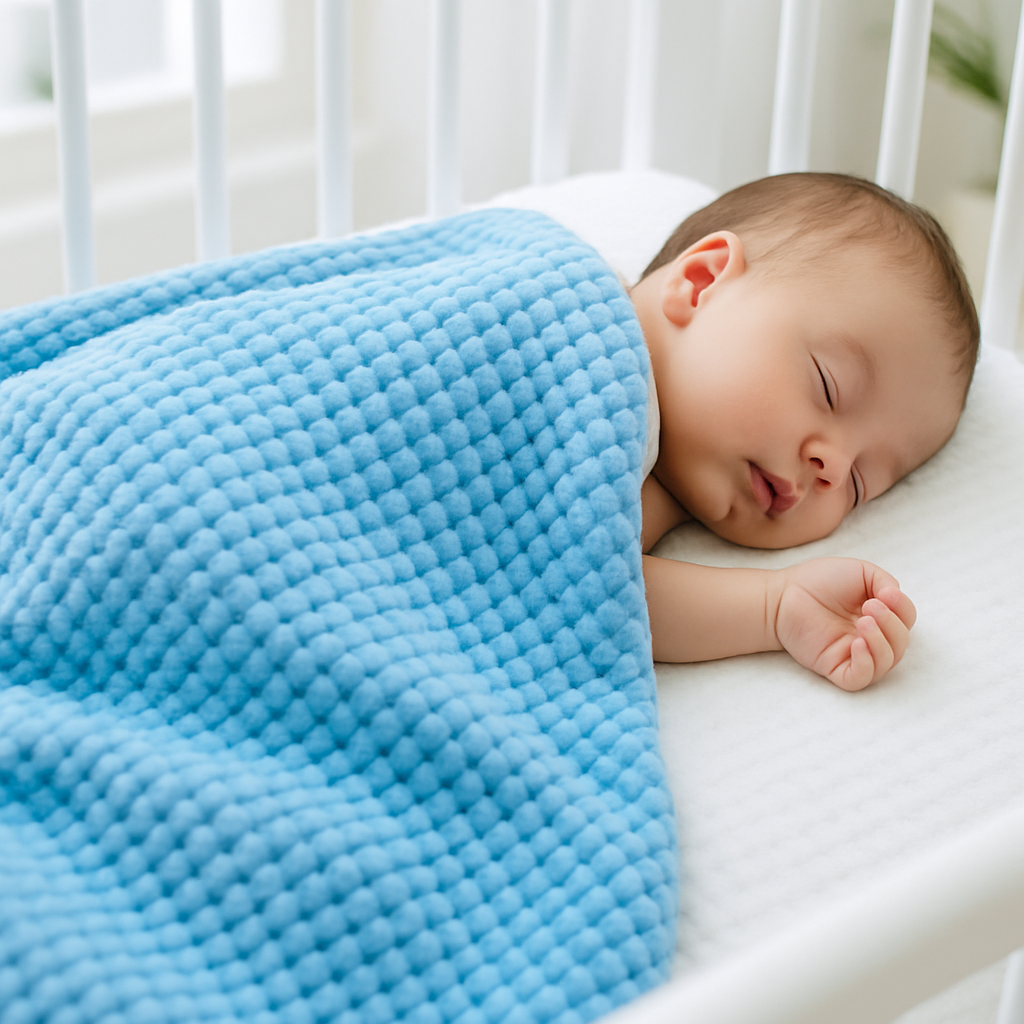 Bébé dort paisiblement sous une couverture bébé bleue