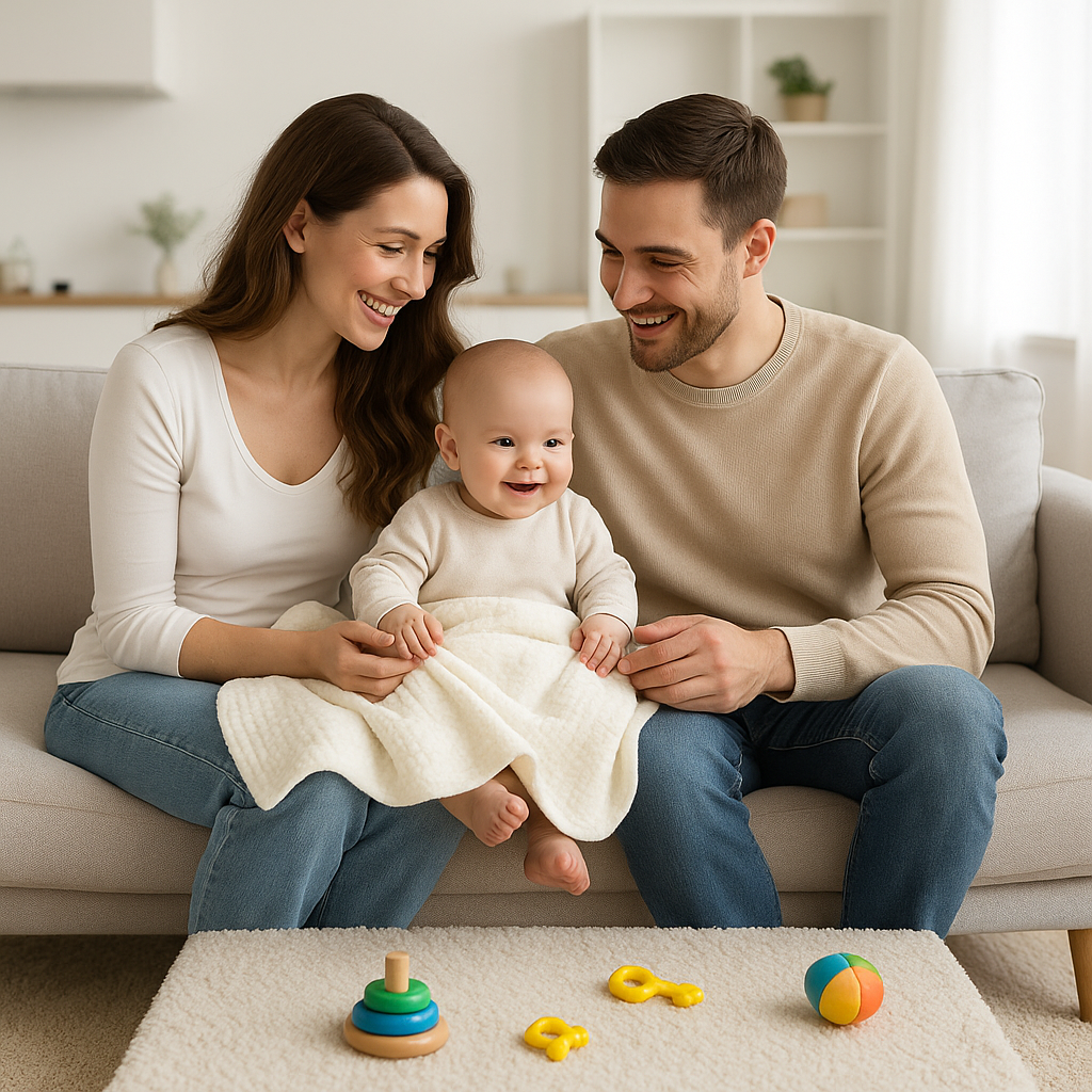 Moment en famille avec bébé et couverture bébé douce