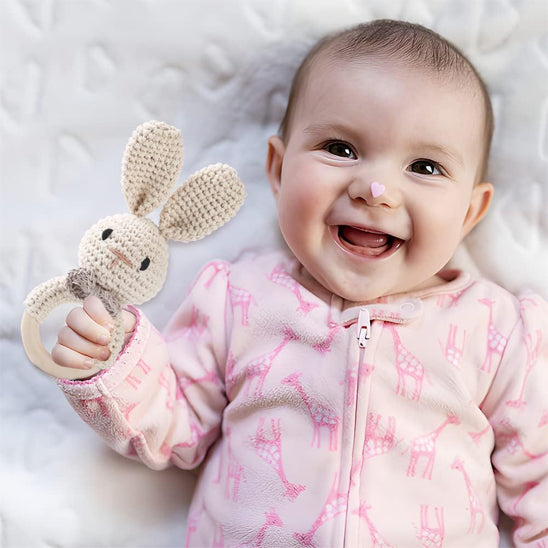 Ensemble de hochets bébé en bois naturel - Modèles lapin-Jouets sensoriel