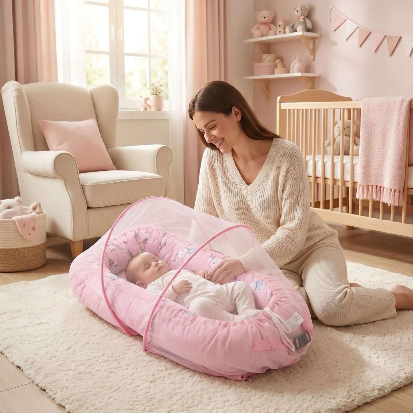 Maman avec moustiquaire lit bébé rose