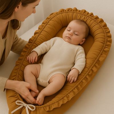 Réducteur de lit bébé - Caramel avec parent posant bébé