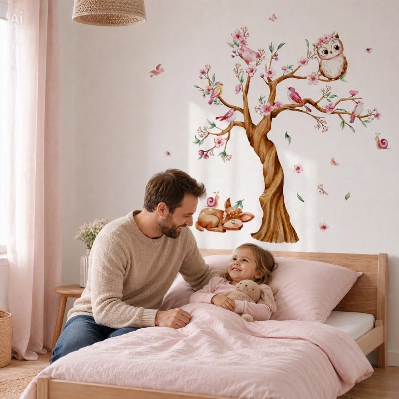 Stickers arbre, chouette et faon en chambre d’enfant