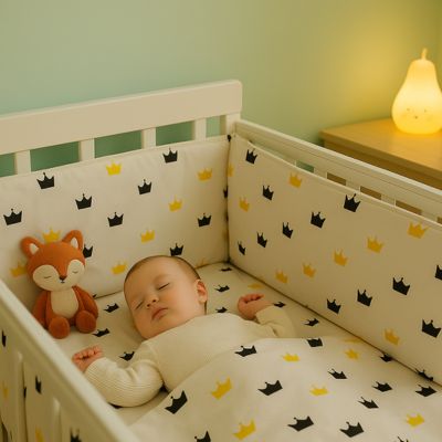 Bébé dort paisiblement avec tour de lit couronnes et veilleuse