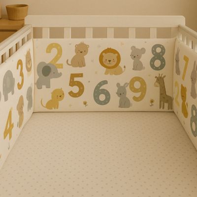 Tour de lit bébé chiffres dans chambre au style naturel avec déco murale