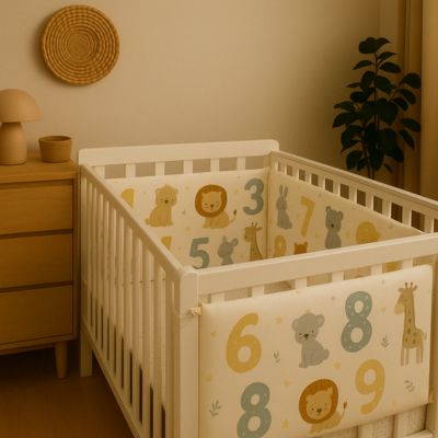Tour de lit motifs chiffres et animaux dans lit bébé blanc