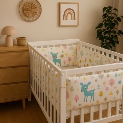 Tour de lit bébé motif faon installé dans une chambre au style naturel
