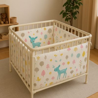 Tour de lit bébé faon pastel installé dans un parc bébé