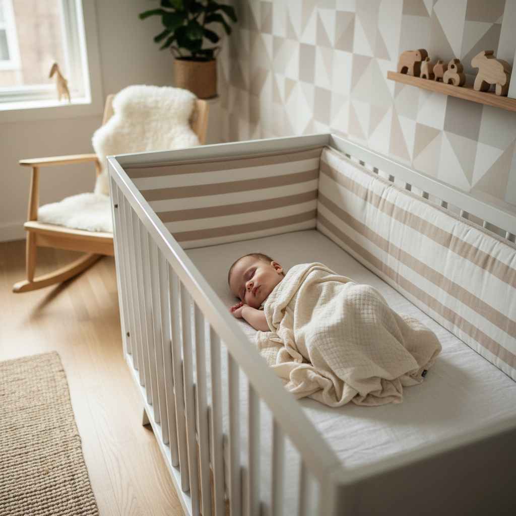 bébé dort paisiblement entourer d'un tour de lit 