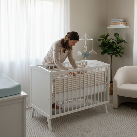 maman qui installe le tour de lit bébé