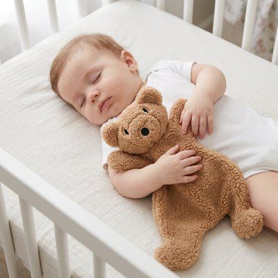 bébé tiens le doudou ourson et dors
