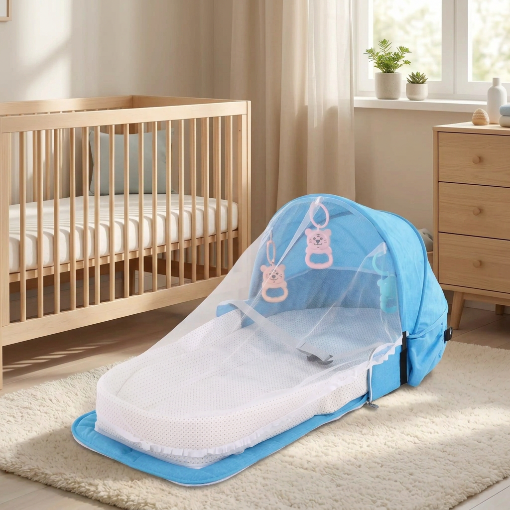 Lit bébé moustiquaire bleu avec couchage bébé, vue rapprochée.