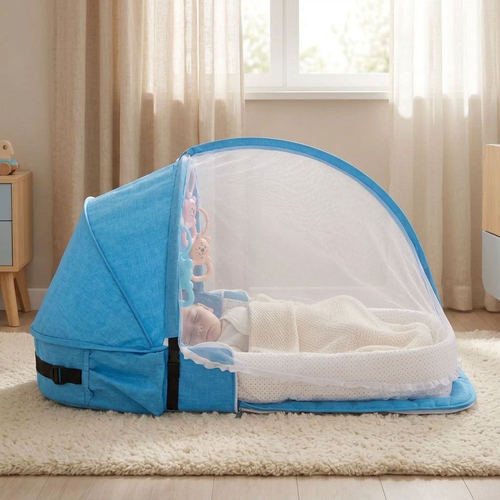 Lit bébé moustiquaire bleu présenté de profil dans une chambre bébé