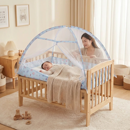 Lit moustiquaire bébé avec parent assis à côté du lit dans une chambre douce et lumineuse