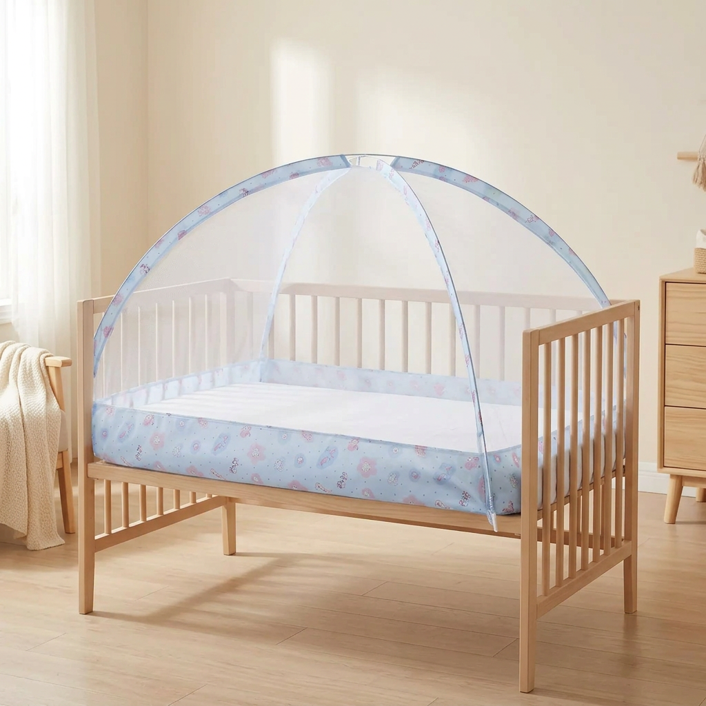 Lit moustiquaire bébé en bois clair avec moustiquaire en maille fine vue complète