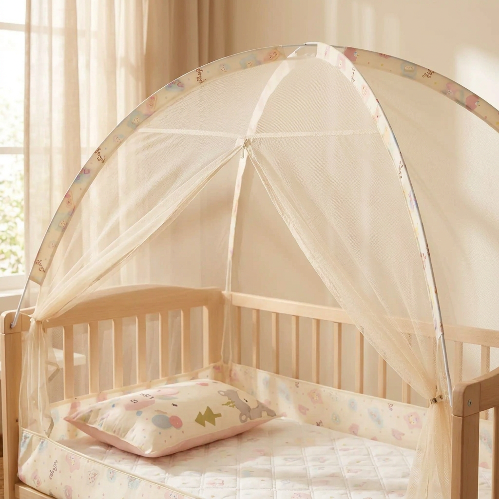 Moustiquaire lit bébé avec filet en maille fine et arceaux au-dessus du berceau
