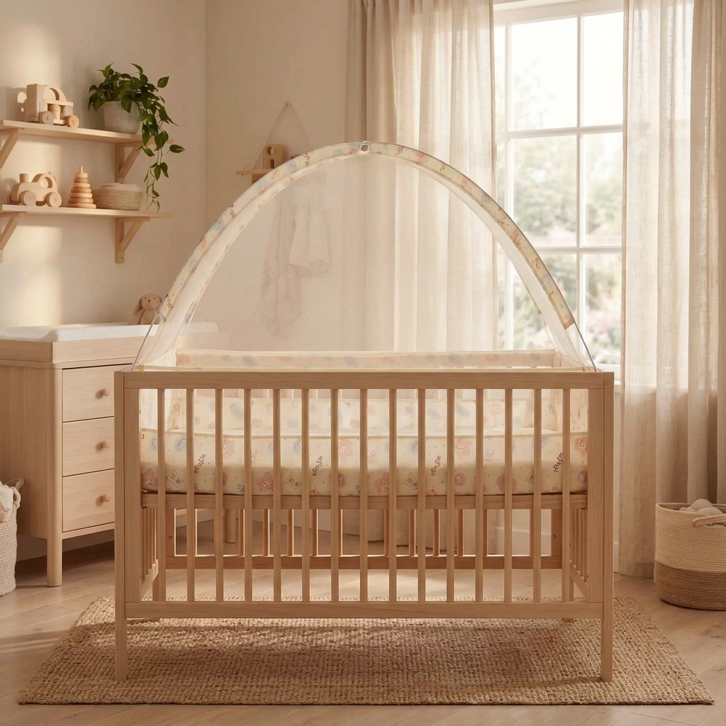 Moustiquaire lit bébé installée sur un lit à barreaux en bois naturel, vue de profil