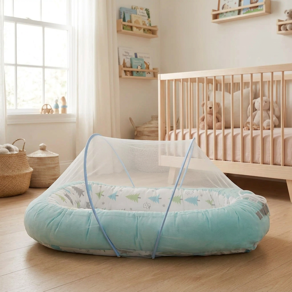 Moustiquaire lit bébé bleue avec arceaux, présentée de profil dans une chambre bébé