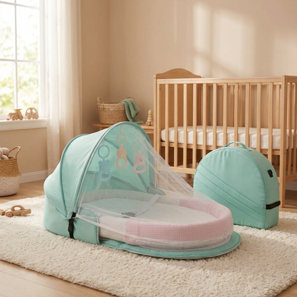 Moustiquaire lit bébé menthe présentée de profil dans une chambre bébé