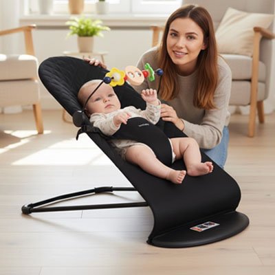 Balancelle bebe transat noir avec bébé assis