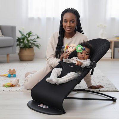 Balancelle bebe transat noir avec bébé éveillé