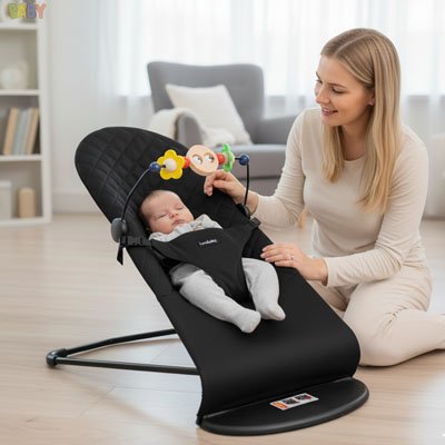 Balancelle bebe transat noir avec bébé qui dort