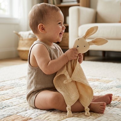 bébé avec doudou lapin beige doux