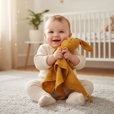 bébé avec doudou lapin brun