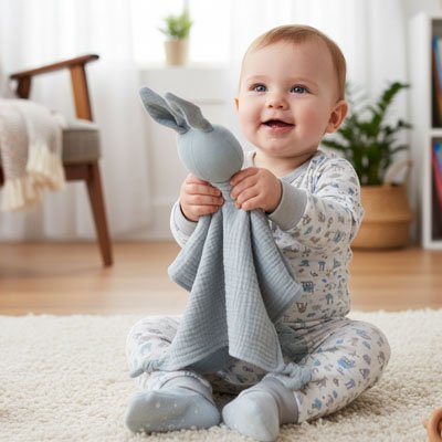 bébé avec doudou lapin gris
