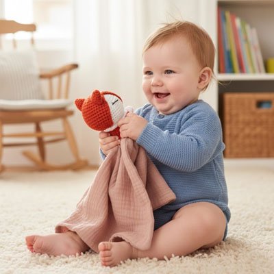bébé avec doudou renard beige