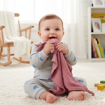 bébé et doudou lapin rose