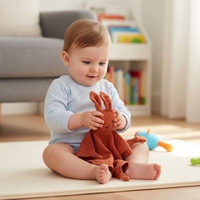 bébé joue avec doudou lapin