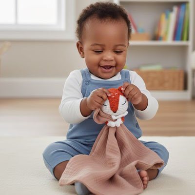 bébé joue avec doudou renard