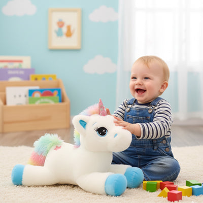 bébé joue avec licorne bleue douce