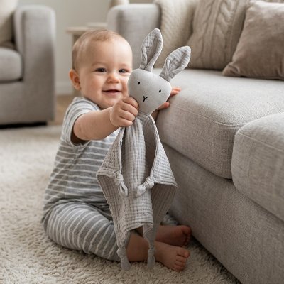 bébé montre doudou lapin gris doux