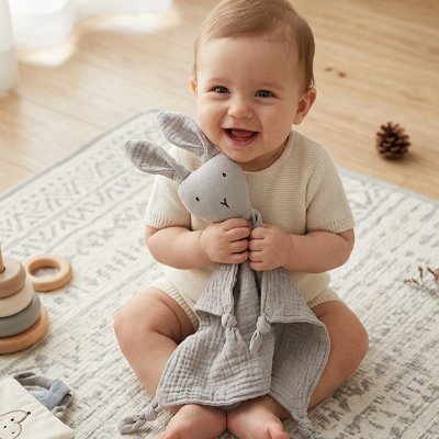 bébé tient doudou lapin gris