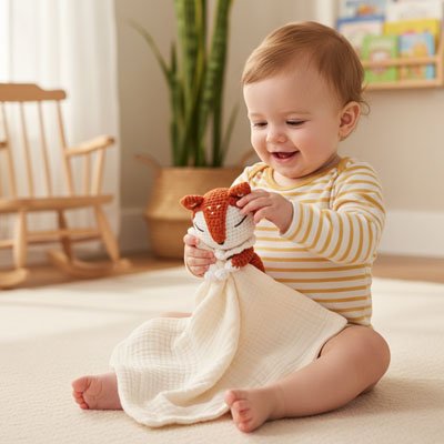 bébé tient doudou renard crème