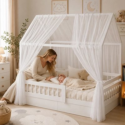 Ciel de lit enfant blanc en mousseline