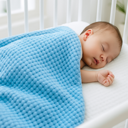 Bébé dort paisiblement sous une couverture bébé bleue