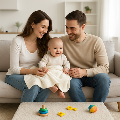 Moment en famille avec bébé et couverture bébé douce