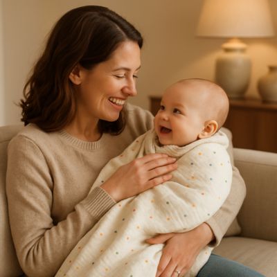 maman sourit avec bébé dans couverture polaire