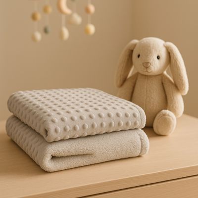 couverture bébé taupe pliée avec doudou lapin beige