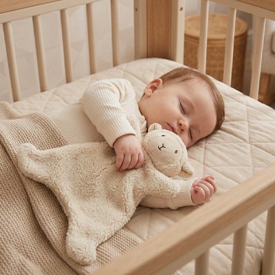 Doudou bébé garçon beige dans lit