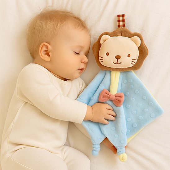 doudou bebe lion bleu avec bebe dormant