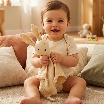 doudou lapin beige bébé sourire