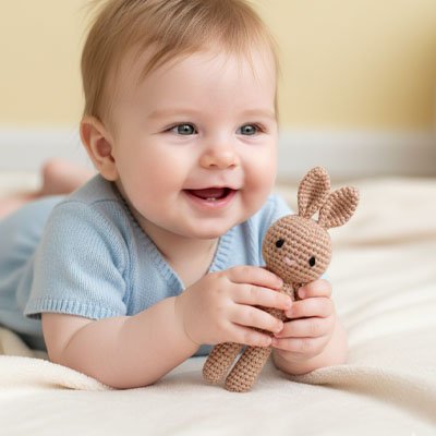 Doudou lapin dans les mains de bébé