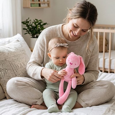 Doudou lapin rose avec bébé